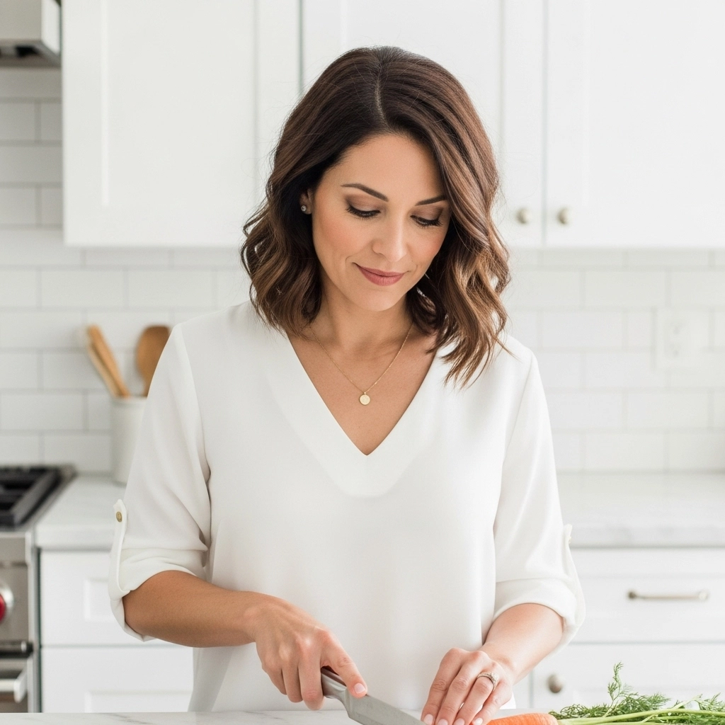 Mary Lay slices a fresh carrot on a marble countertop in her bright white kitchen.