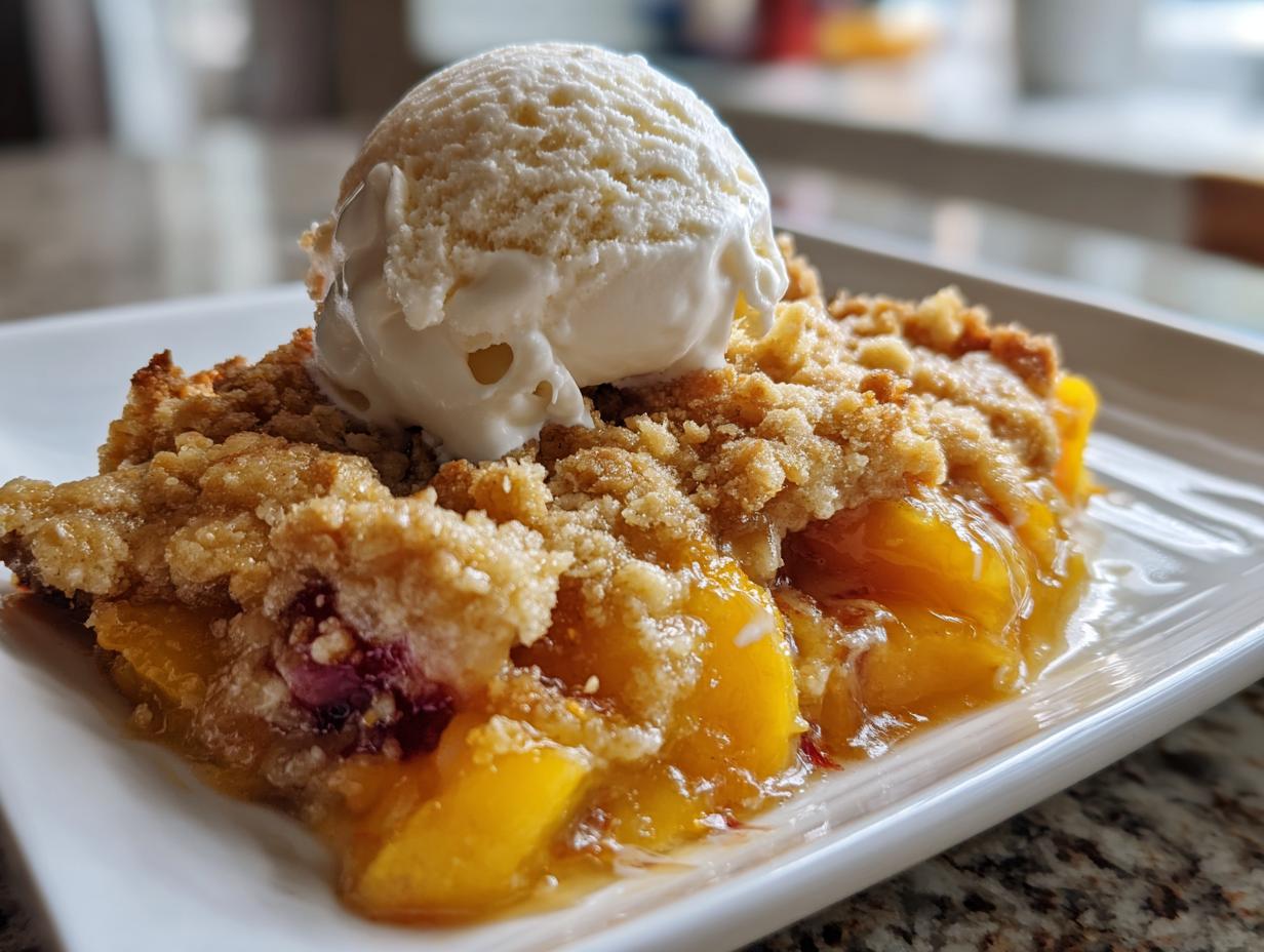 Fresh peach cobbler with vanilla ice cream - Featured