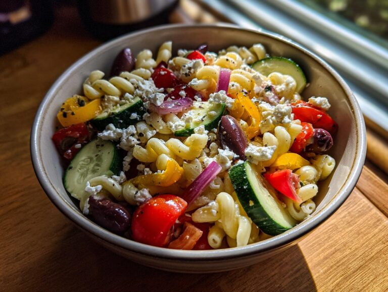 Greek pasta salad with feta and olives - Featured