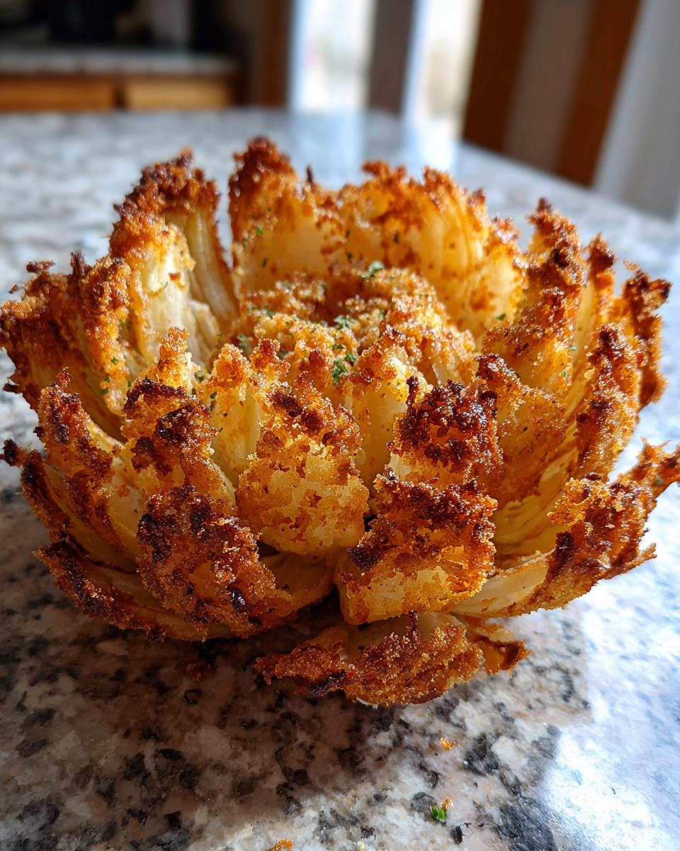 Close-up of a golden brown air fryer blooming onion on a granite countertop.