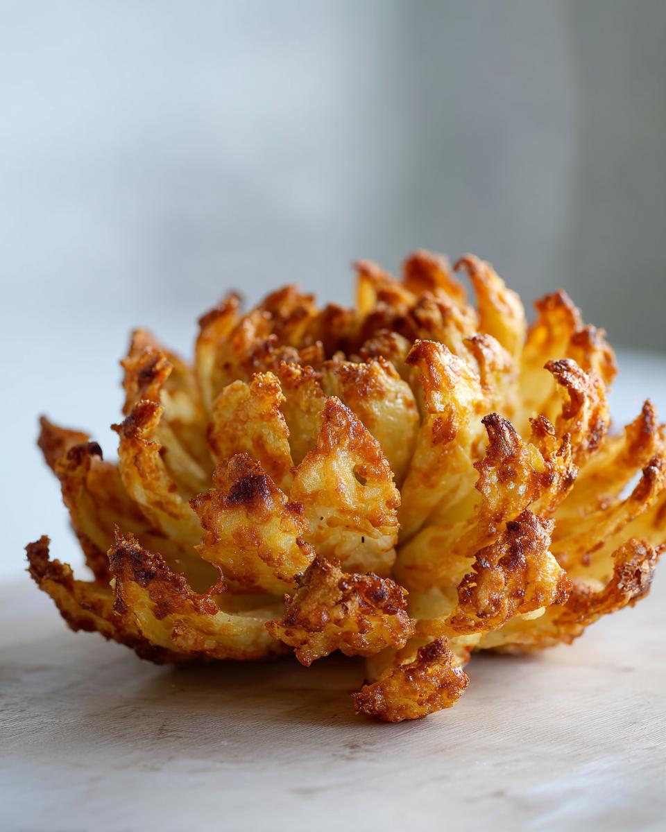 Close-up of a golden brown air fryer blooming onion on a wooden surface.