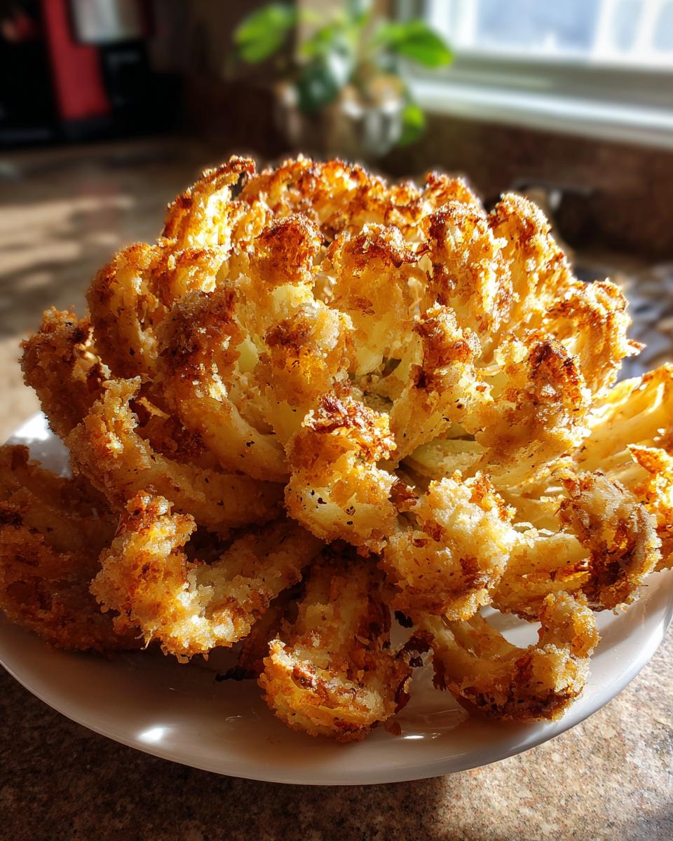 A perfectly cooked air fryer blooming onion on a white plate, showcasing its crispy, golden-brown petals.