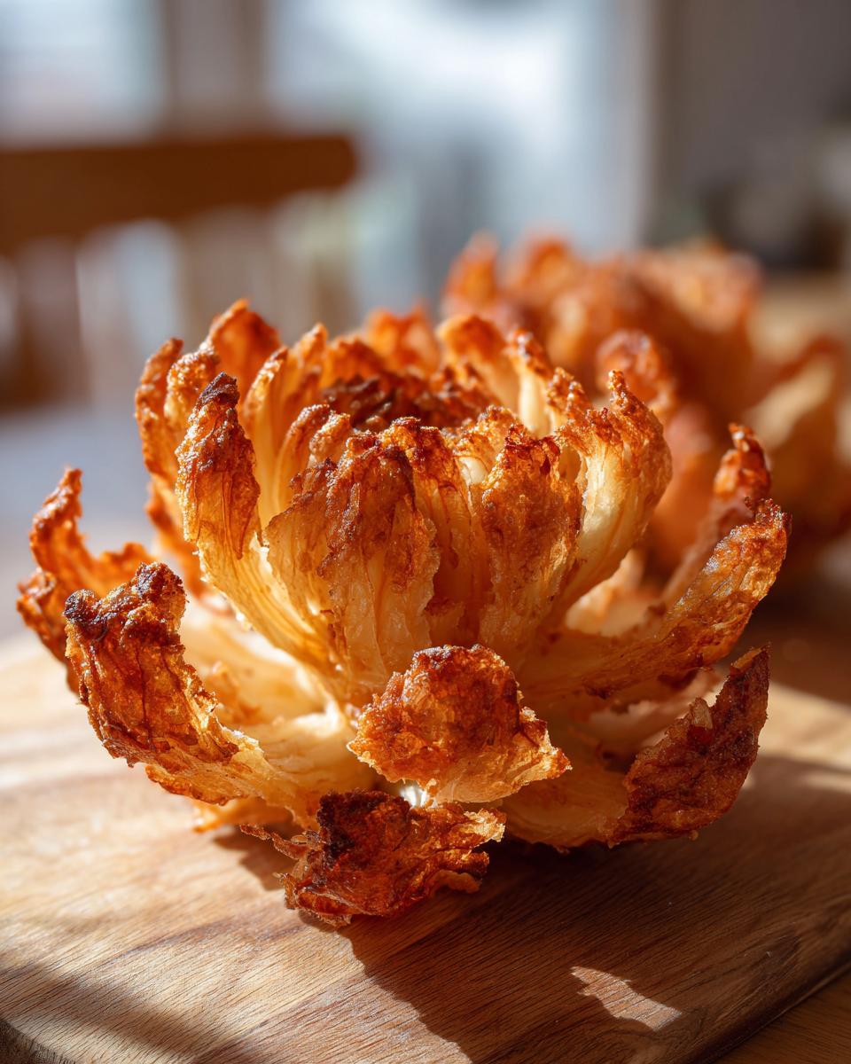 Close-up of a perfectly cooked air fryer blooming onion on a wooden board, showcasing its crispy layers.