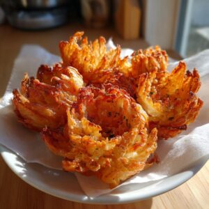 A plate of golden brown Air fryer blooming onion appetizers, ready to be served for game day.