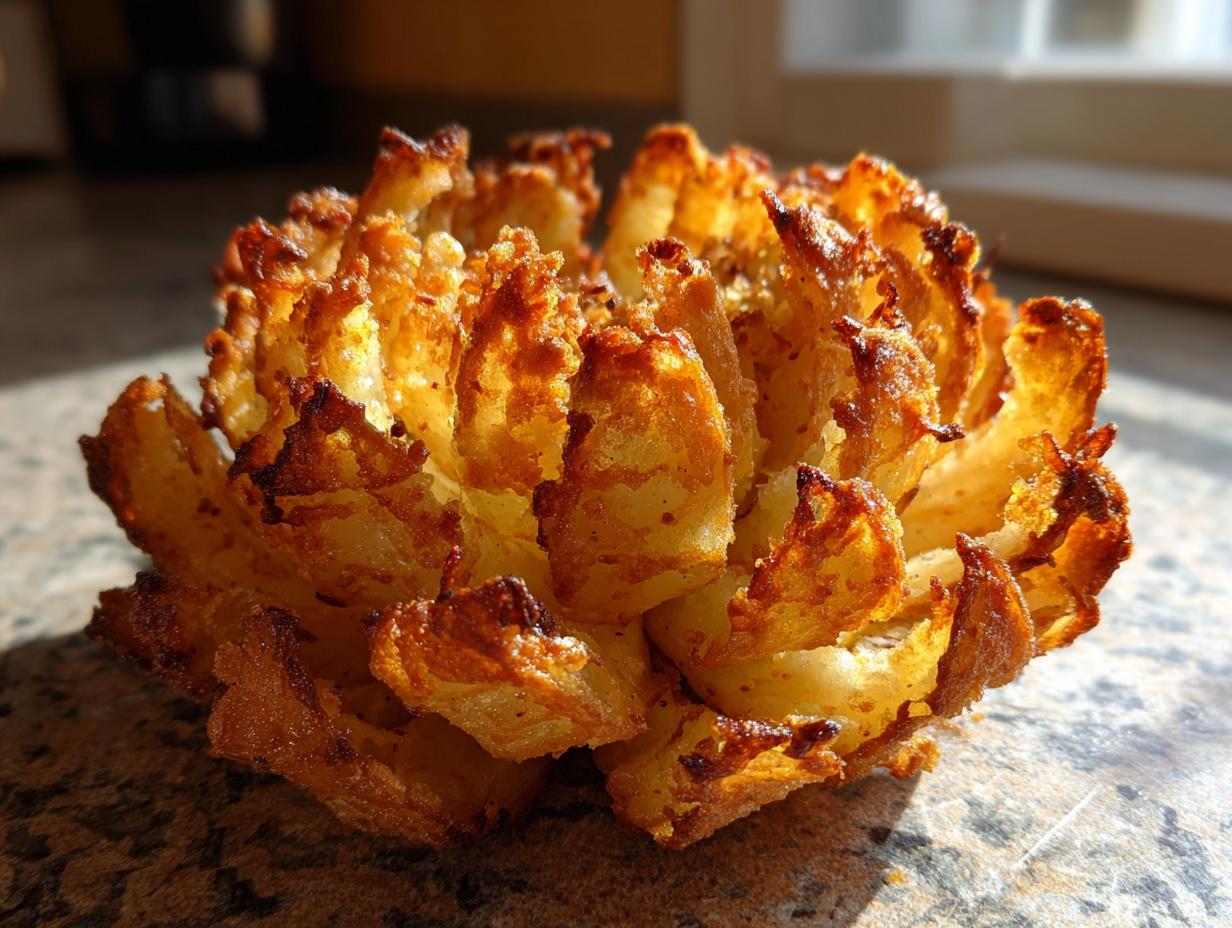 A crispy, golden air fryer blooming onion sits on a countertop, ready to be enjoyed.