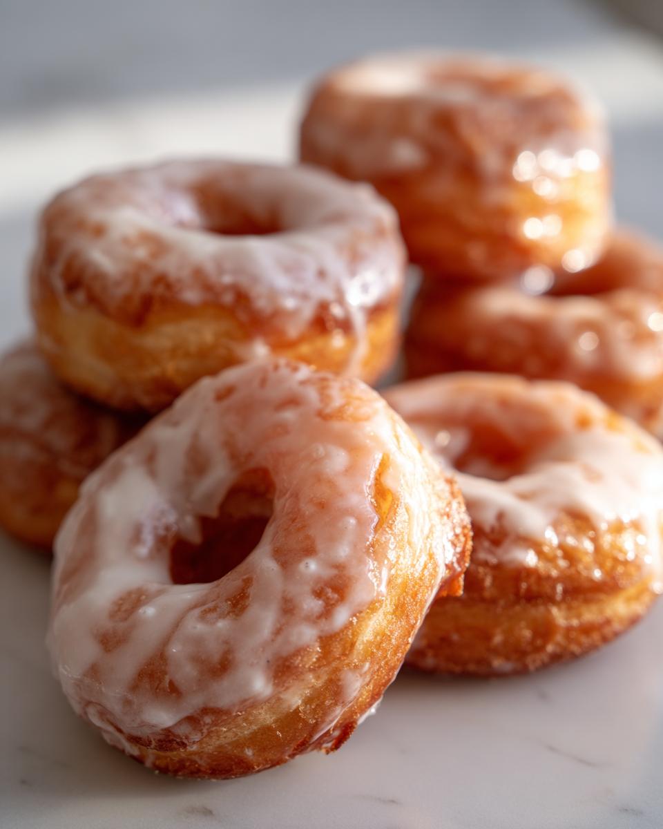 A stack of glazed air fryer donuts with biscuit dough, golden brown and delicious.