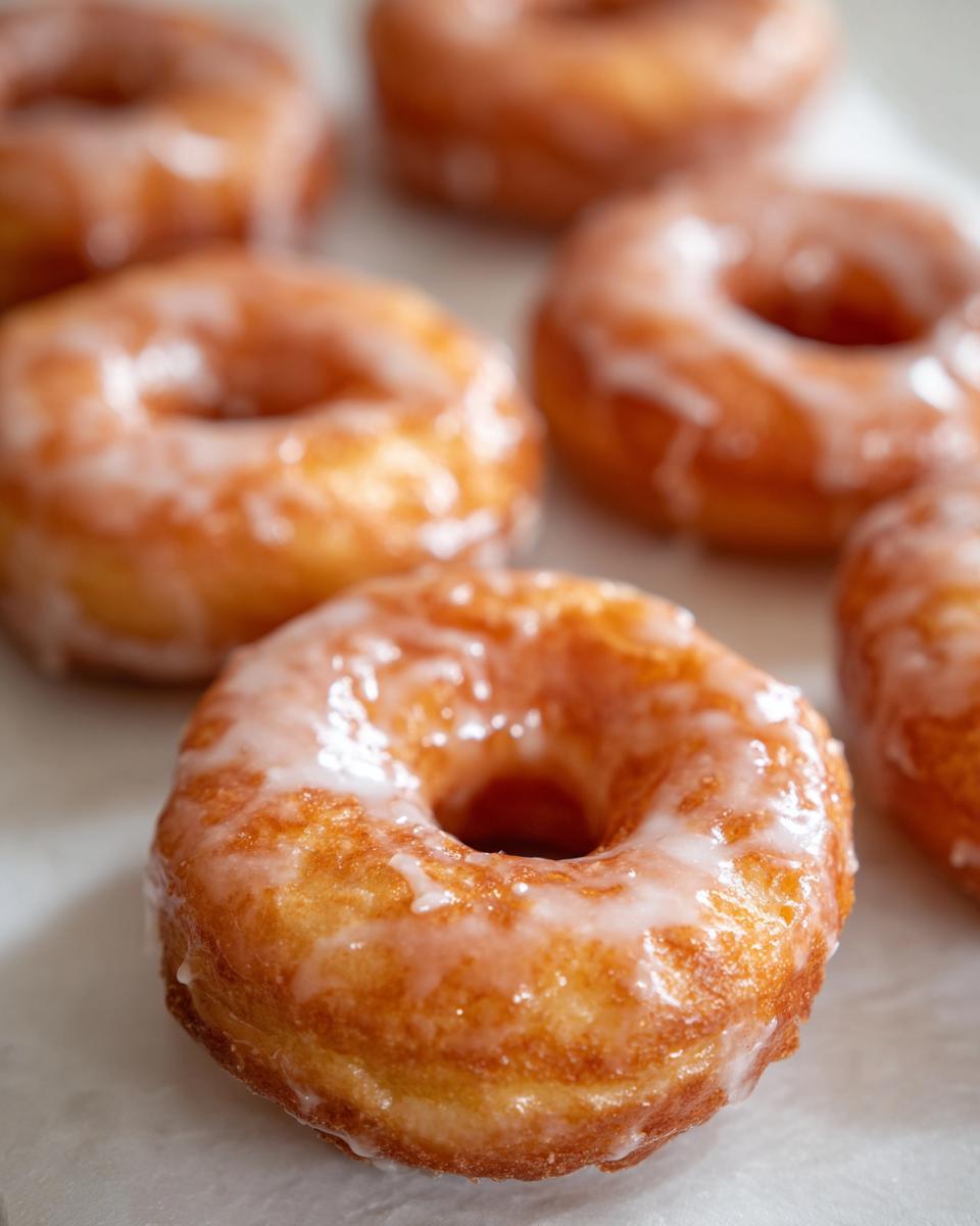 Close-up of glazed air fryer donuts with biscuit dough, showcasing their golden color and sweet glaze.