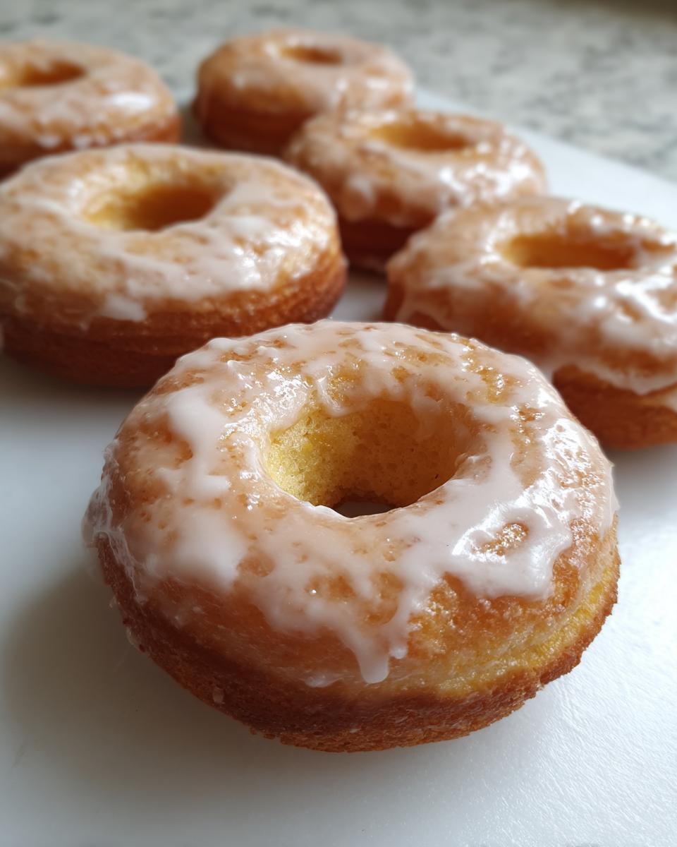 Close-up of glazed air fryer donuts with biscuit dough. Golden brown and delicious homemade treat.
