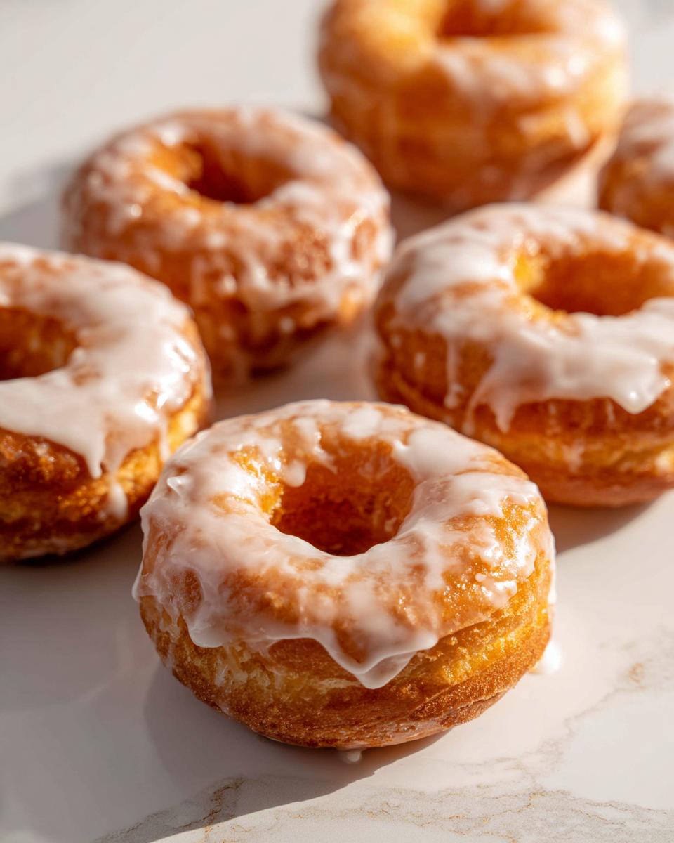 Several glazed air fryer donuts with biscuit dough are arranged on a marble surface, showcasing their golden-brown color and dripping glaze.