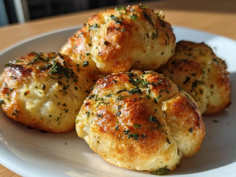 Four golden brown air fryer garlic knots, seasoned with herbs, on a white plate.