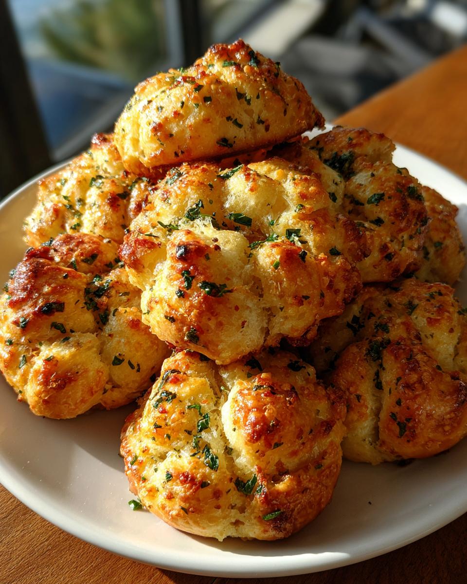 A stack of golden brown air fryer garlic knots, seasoned with herbs, on a white plate.