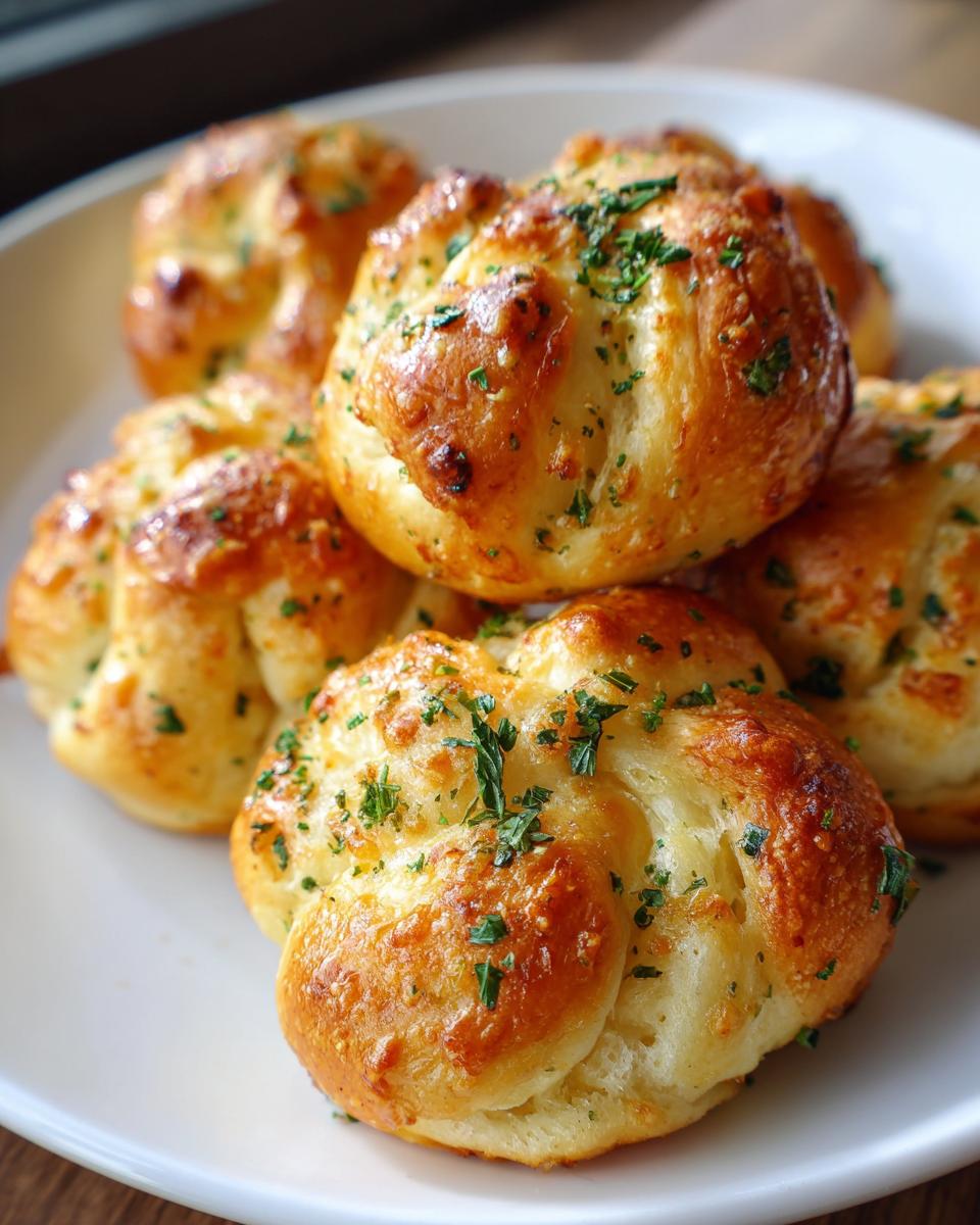 A close-up of golden brown air fryer garlic knots, sprinkled with fresh herbs, on a white plate.
