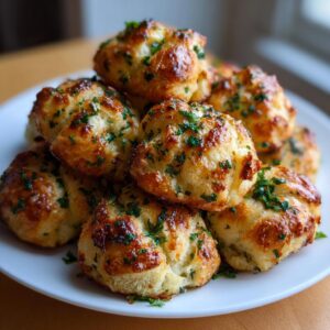 A plate piled high with golden brown air fryer garlic knots, sprinkled with fresh parsley.