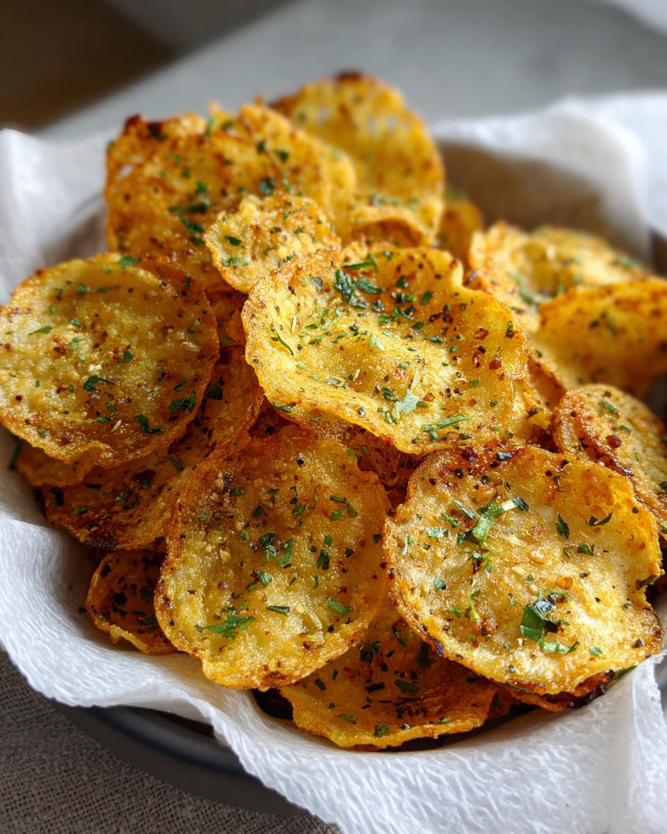 Bowl full of golden, crispy air fryer pasta chips, seasoned with herbs and spices.
