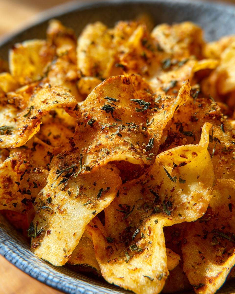 Close-up of a bowl filled with golden brown air fryer pasta chips, seasoned with herbs and spices.