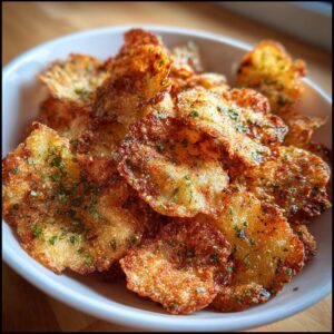Close-up of golden brown air fryer pasta chips in a white bowl, sprinkled with herbs.