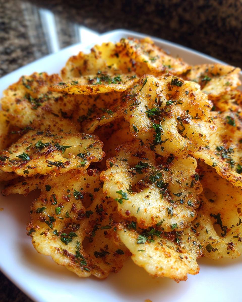 Close-up of golden, crispy air fryer pasta chips seasoned with herbs on a white plate.