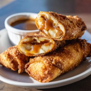 Close-up of apple pie egg rolls with a caramel drizzle, stacked on a plate with dipping sauce.