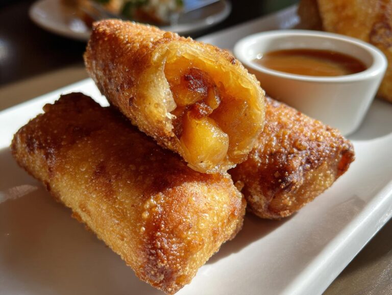Close-up of crispy apple pie egg rolls, one cut open to show the apple filling, served with caramel dipping sauce.