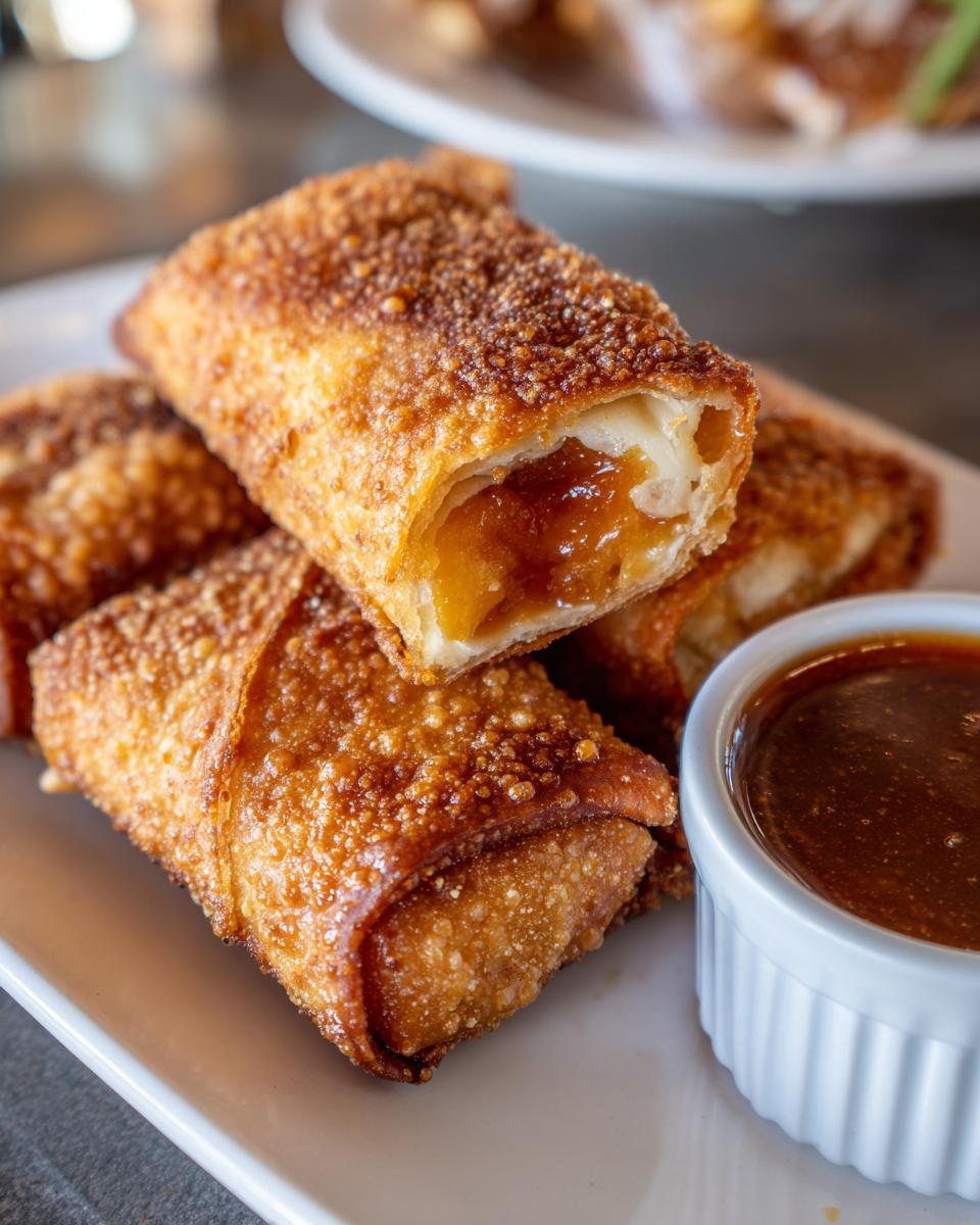 Close-up of crispy apple pie egg rolls stacked on a plate with a side of caramel dipping sauce.
