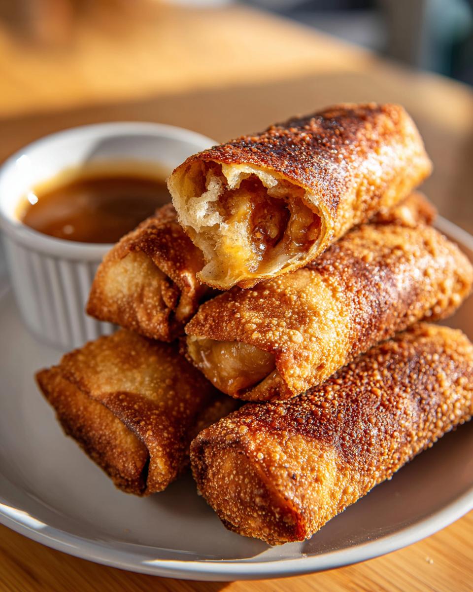 A stack of golden-brown apple pie egg rolls, one broken open to show the apple filling, served with dipping sauce.