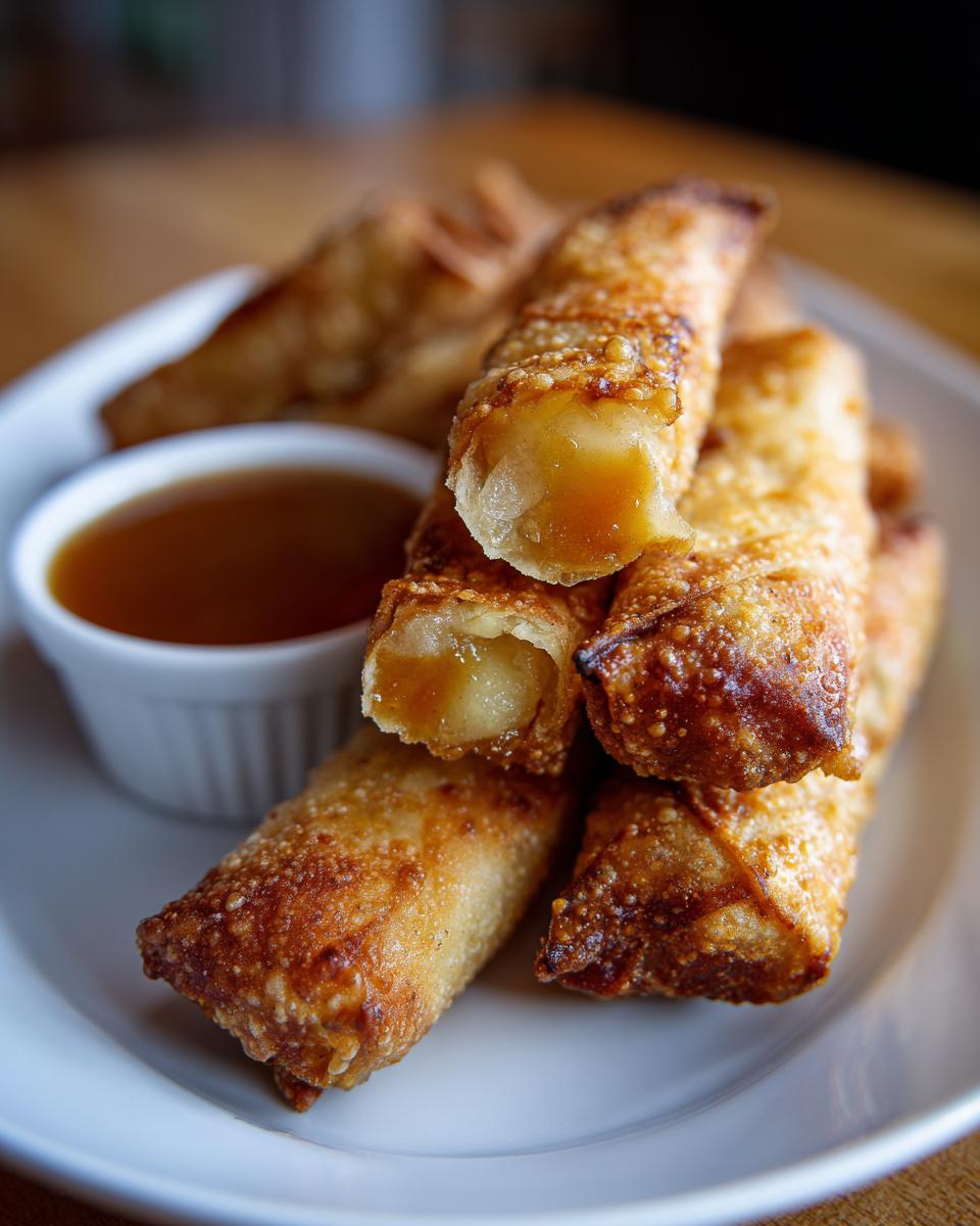 A stack of golden, crispy Apple pie egg rolls with a side of dipping sauce on a white plate.