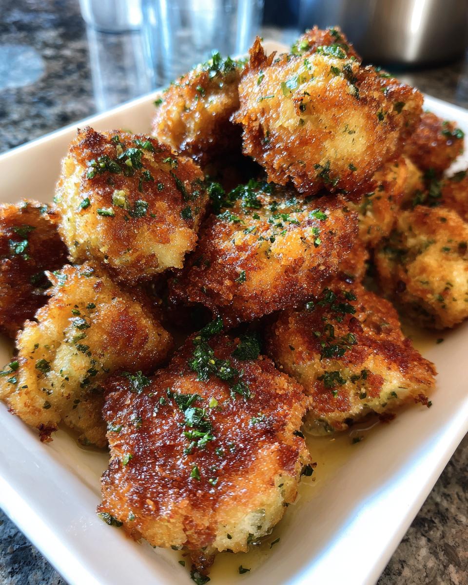 A plate of golden brown baked chicken nuggets with hidden veggies, garnished with fresh herbs.