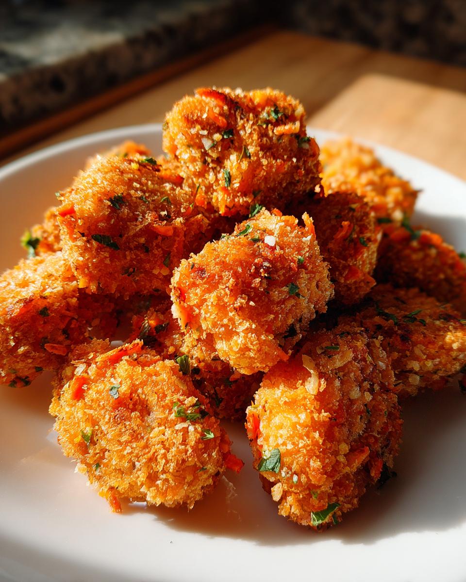 A pile of golden brown baked chicken nuggets with hidden veggies, sprinkled with herbs, on a white plate.