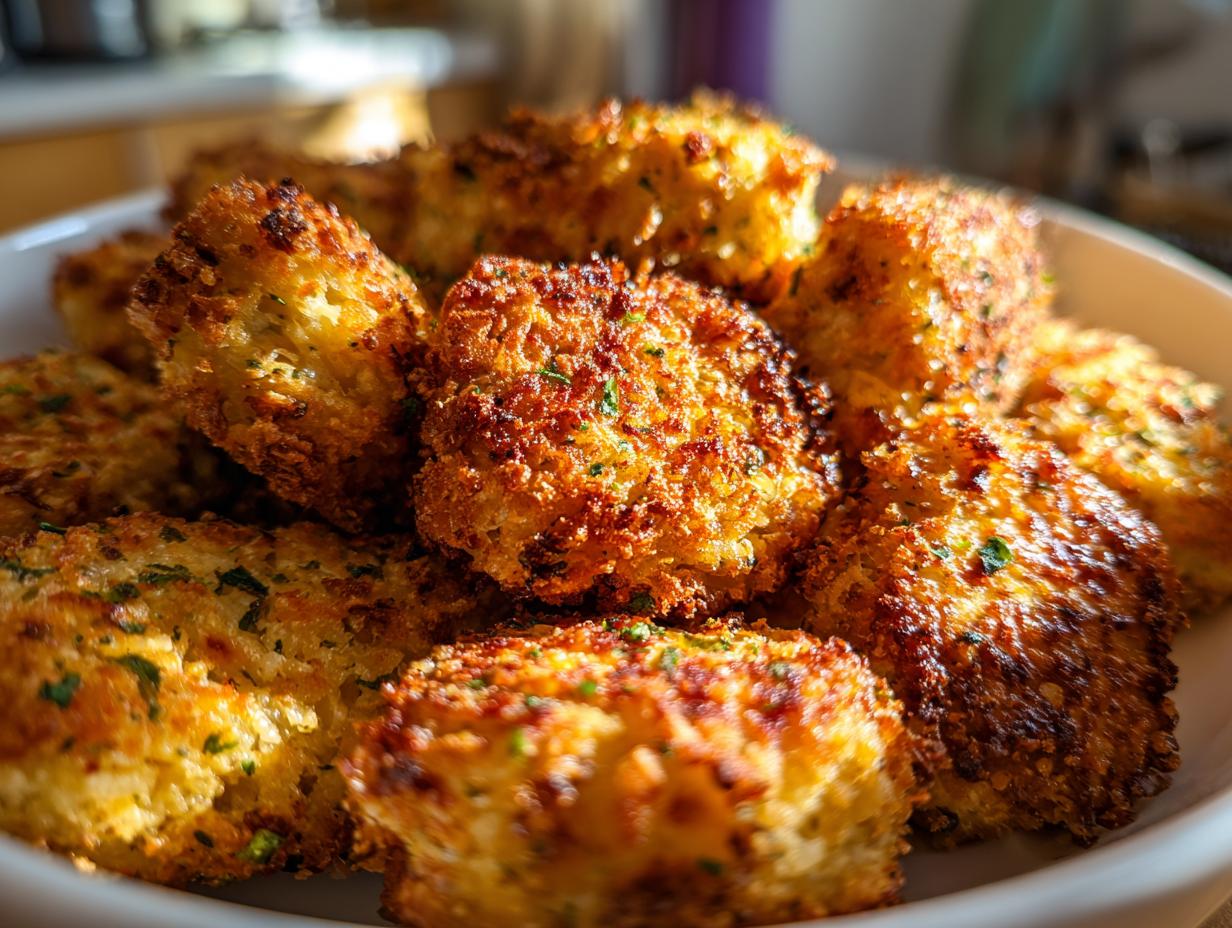 Close-up of golden brown baked chicken nuggets with hidden veggies on a white plate.