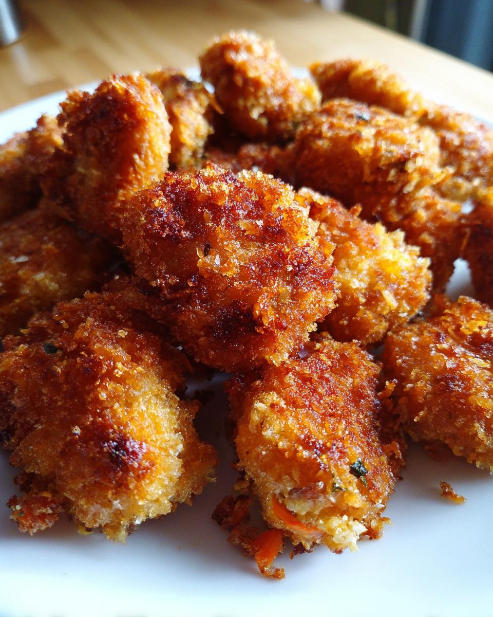 Close-up of golden brown baked chicken nuggets with hidden veggies on a white plate.