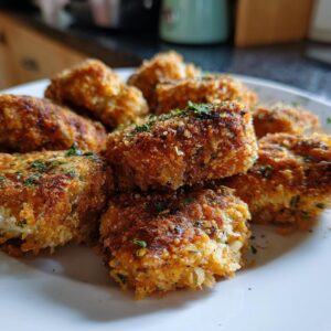 Close-up of golden brown baked chicken nuggets with hidden veggies, sprinkled with herbs on a white plate.