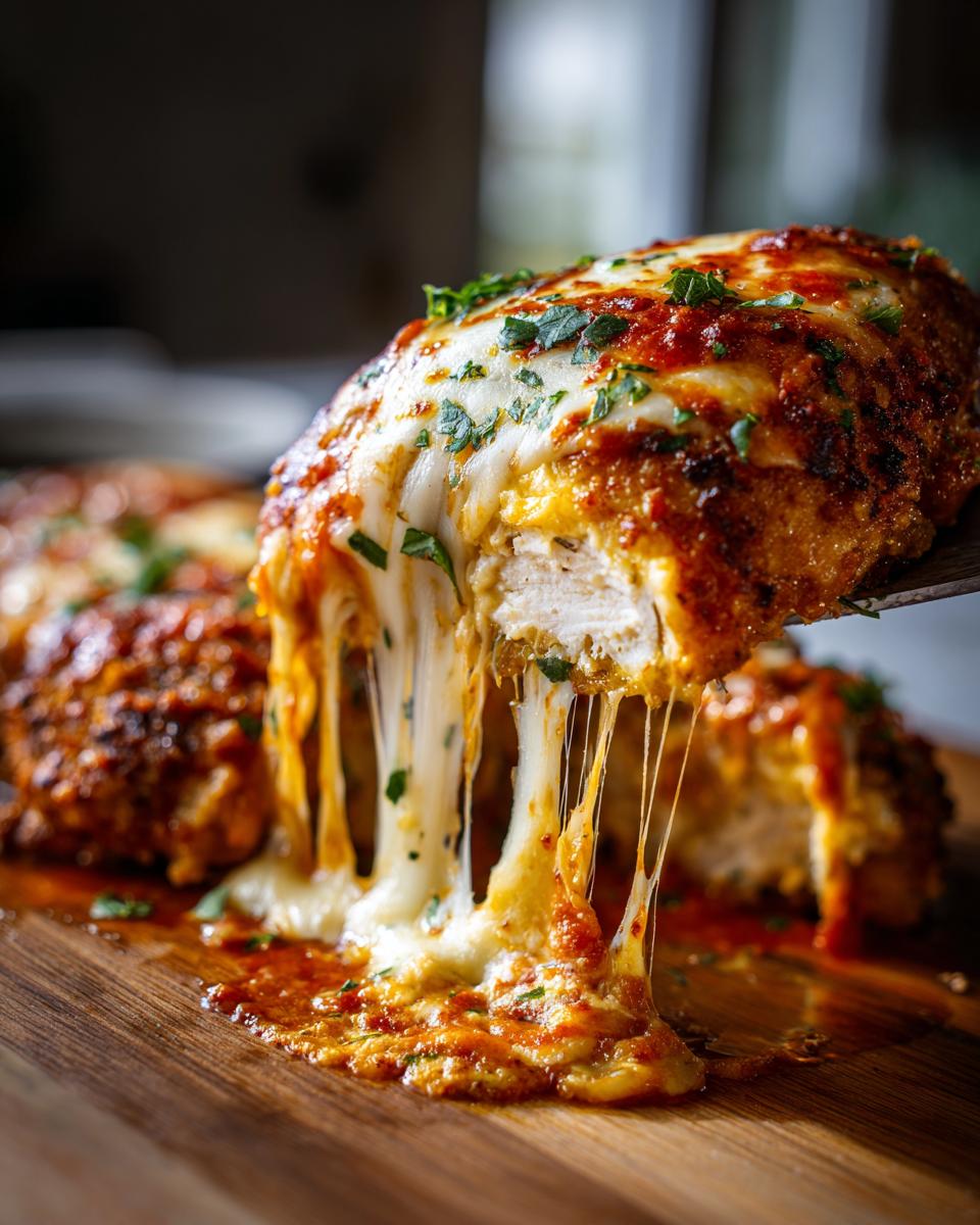 A close-up of baked chicken Parmesan with melted cheese pulling away, topped with sauce and herbs.