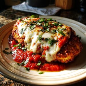 A serving of baked chicken Parmesan topped with melted cheese, tomato sauce, and fresh basil on a plate.