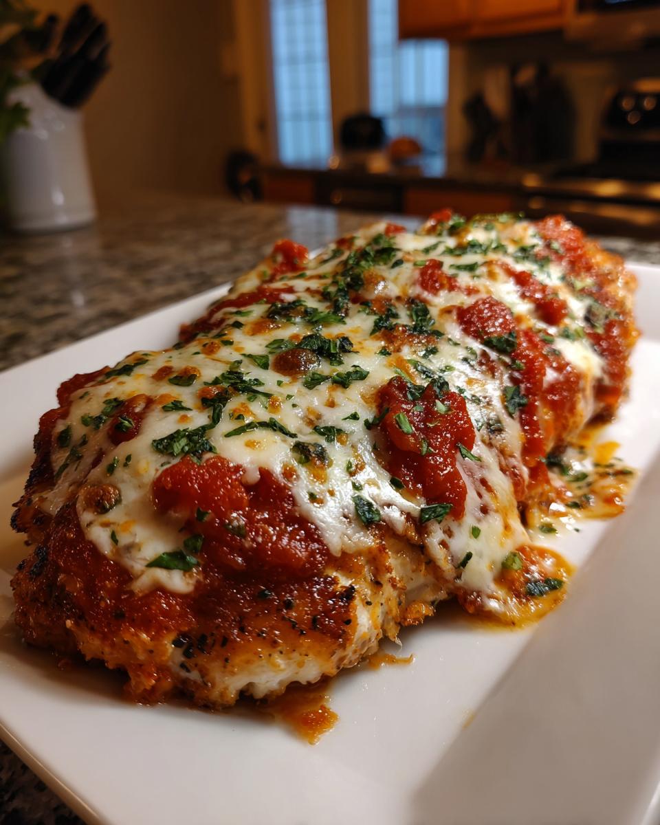 A serving of baked chicken Parmesan topped with melted cheese, tomato sauce, and parsley on a white plate.