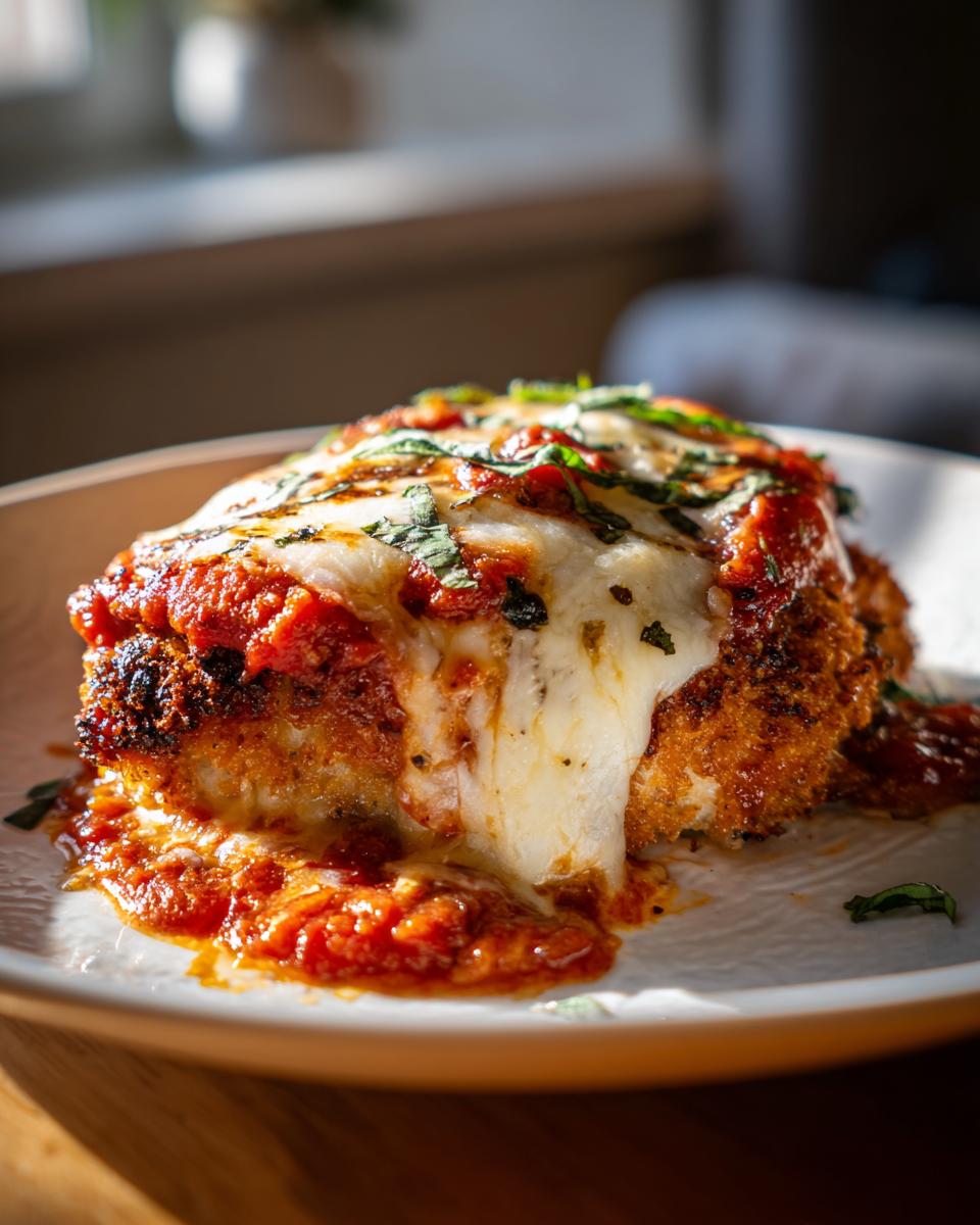 A close-up of baked chicken Parmesan, topped with melted cheese, marinara sauce, and fresh basil.