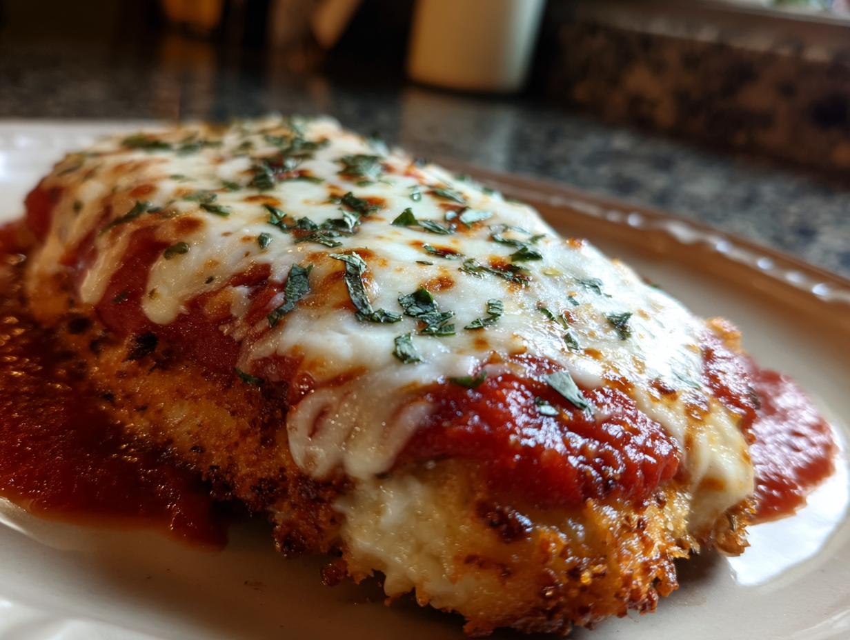 A serving of baked chicken Parmesan, topped with melted cheese, marinara sauce, and herbs on a plate.