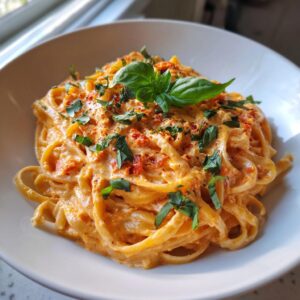 A serving of creamy baked feta pasta, garnished with fresh basil leaves in a white bowl.