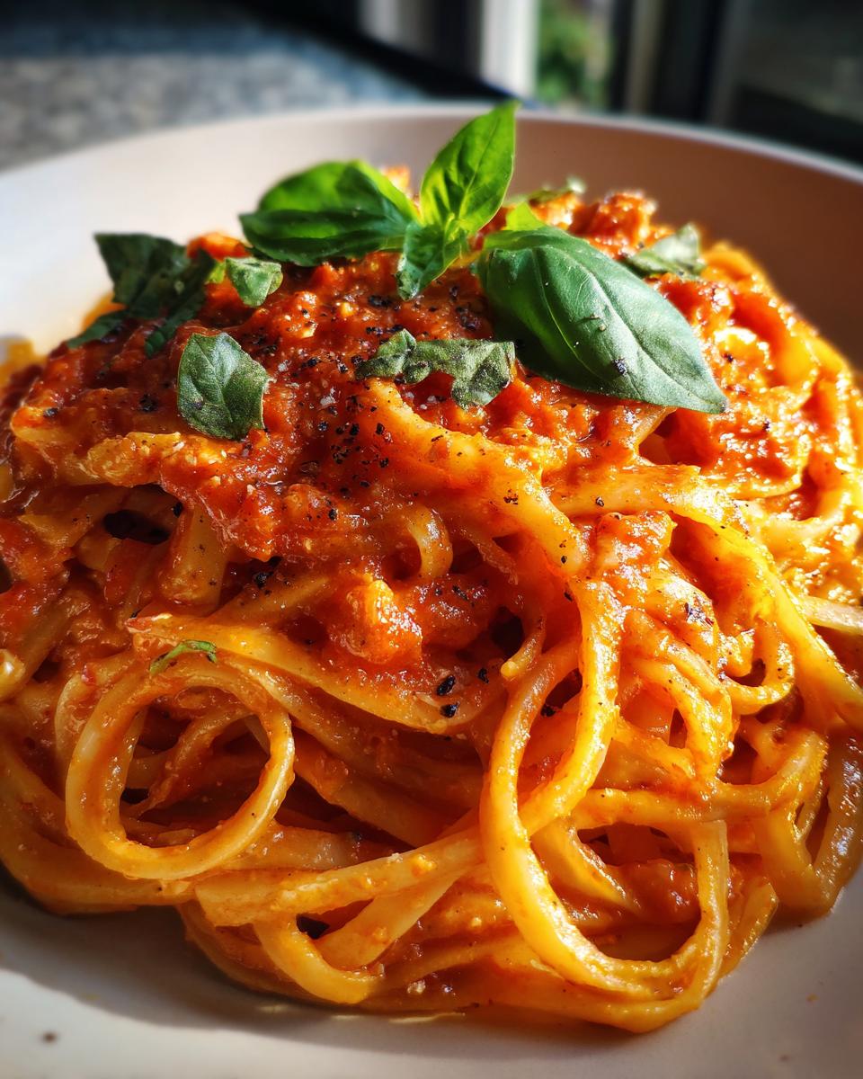 Close-up of baked feta pasta topped with tomato sauce and fresh basil leaves.