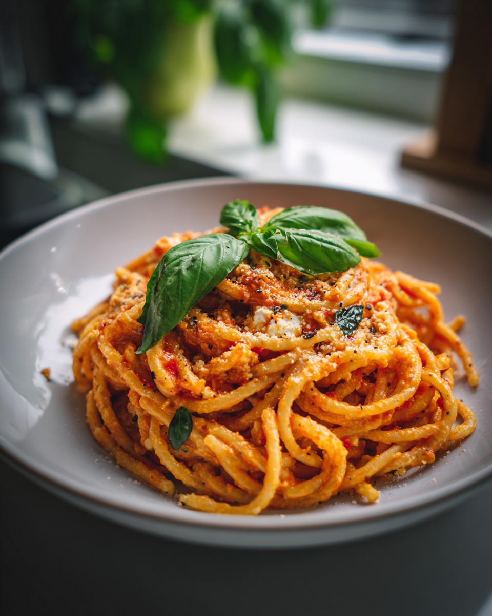 A plate of Baked feta pasta topped with fresh basil leaves, showcasing the creamy tomato sauce and feta cheese.