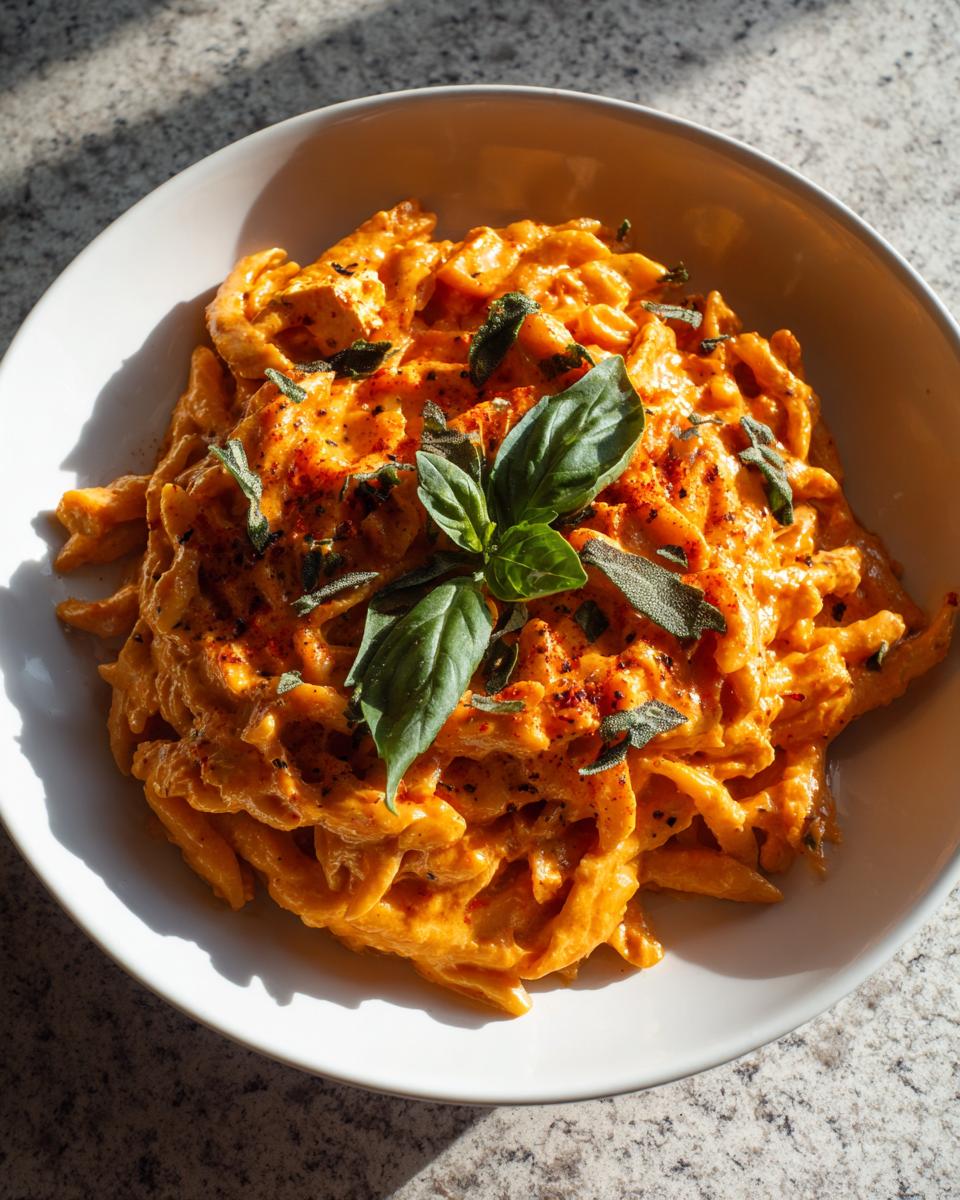 Overhead shot of creamy baked feta pasta in a white bowl, garnished with fresh basil and sage.