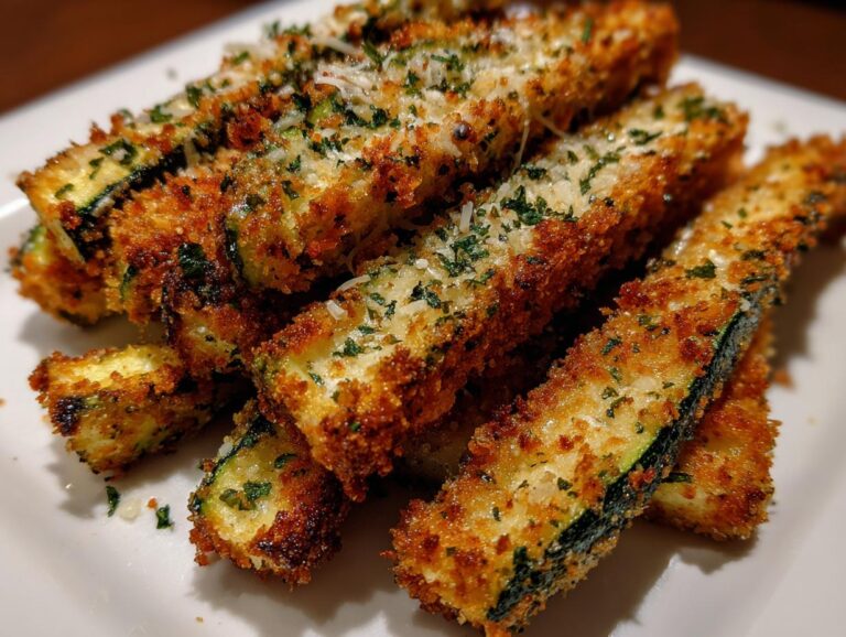 A close-up of crispy baked zucchini fries, seasoned with herbs and parmesan cheese, served on a white plate.