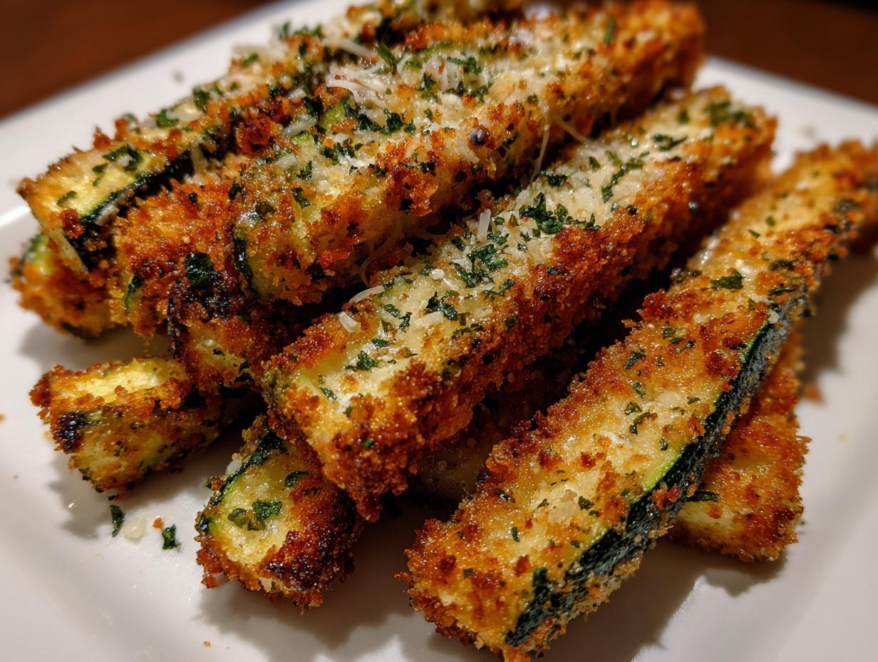 A close-up of crispy baked zucchini fries, seasoned with herbs and parmesan cheese, served on a white plate.