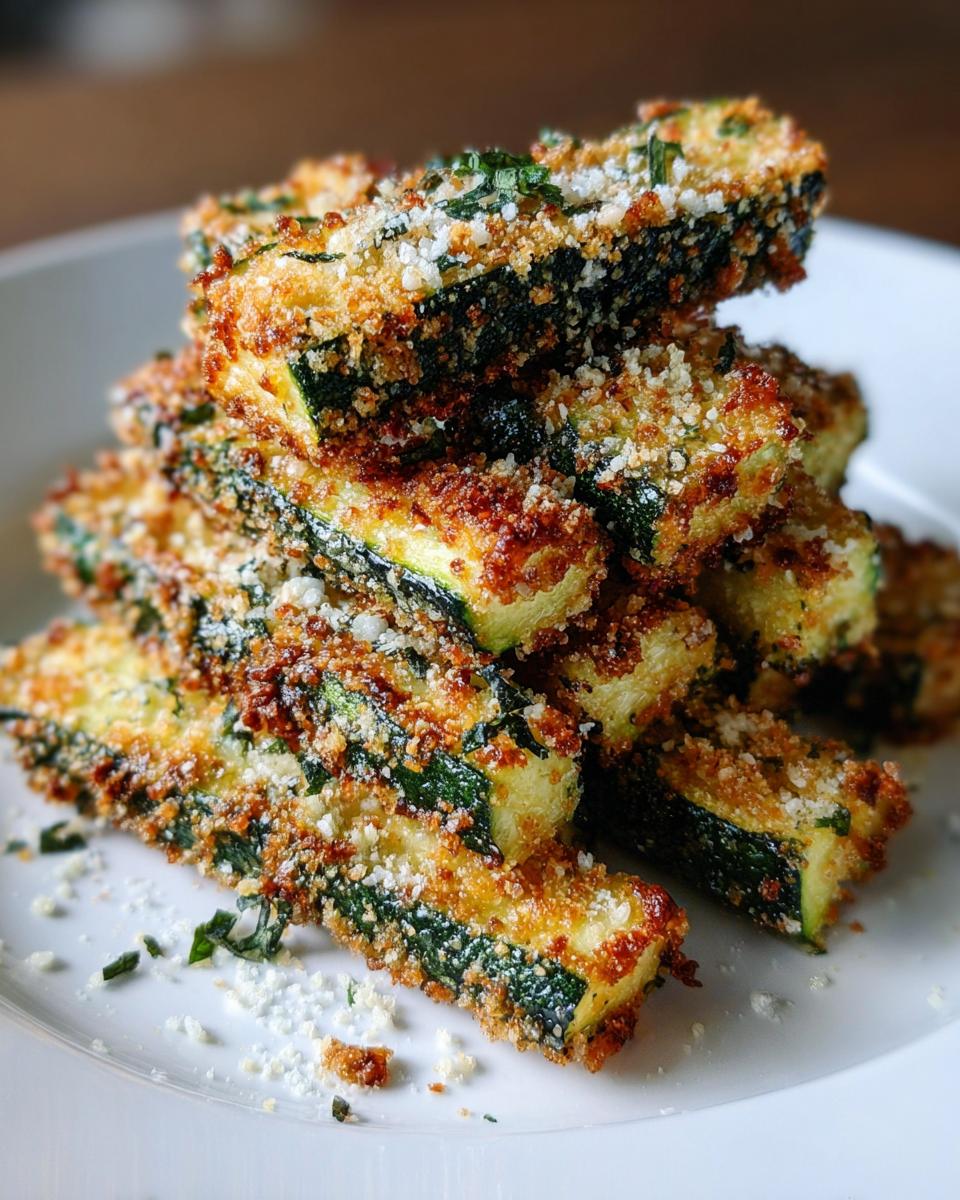 A stack of golden brown baked zucchini fries, topped with parmesan cheese and herbs on a white plate.