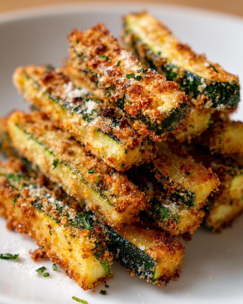 A stack of golden brown baked zucchini fries, coated in breadcrumbs and herbs, on a white plate.