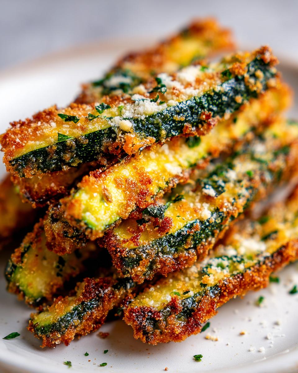 A stack of golden brown, crispy baked zucchini fries, topped with parmesan cheese and herbs.