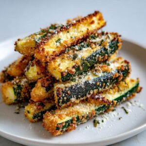 A stack of golden brown baked zucchini fries, coated in parmesan and herbs, on a white plate.