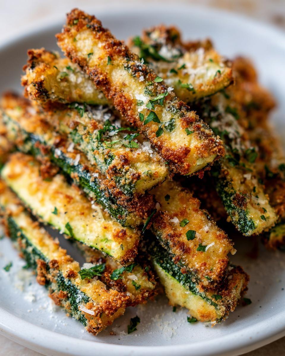 A stack of golden brown baked zucchini fries, garnished with parsley and parmesan cheese.