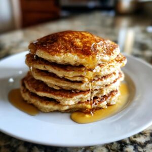 A stack of banana oatmeal pancakes drizzled with syrup on a white plate. Delicious and healthy breakfast.