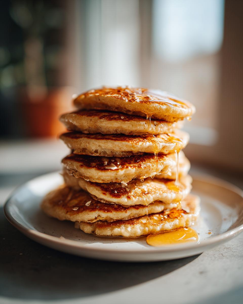 A tall stack of banana oatmeal pancakes drizzled with syrup on a white plate.
