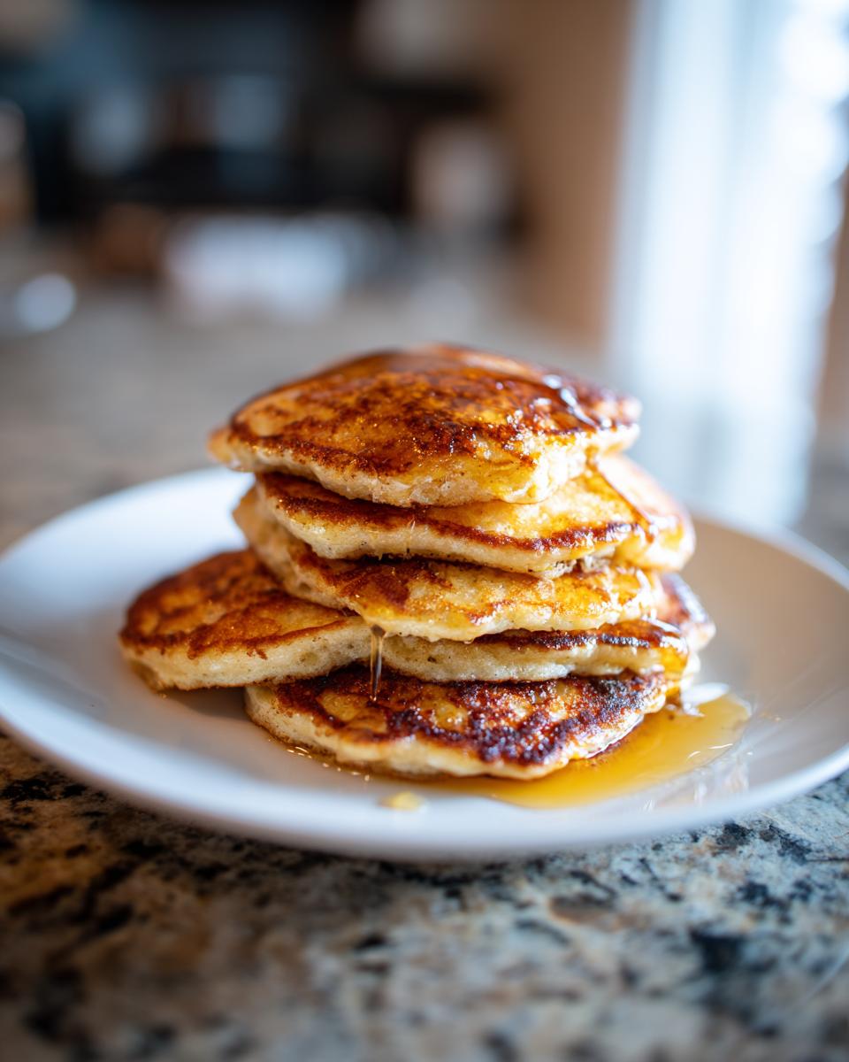 A stack of banana oatmeal pancakes drizzled with syrup on a white plate, ready to eat.
